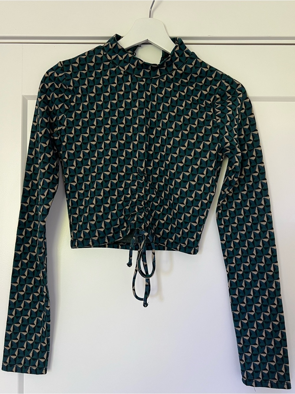 Pull&Bear Teal and Cream Geometric Mock Neck Drawstring Crop Top